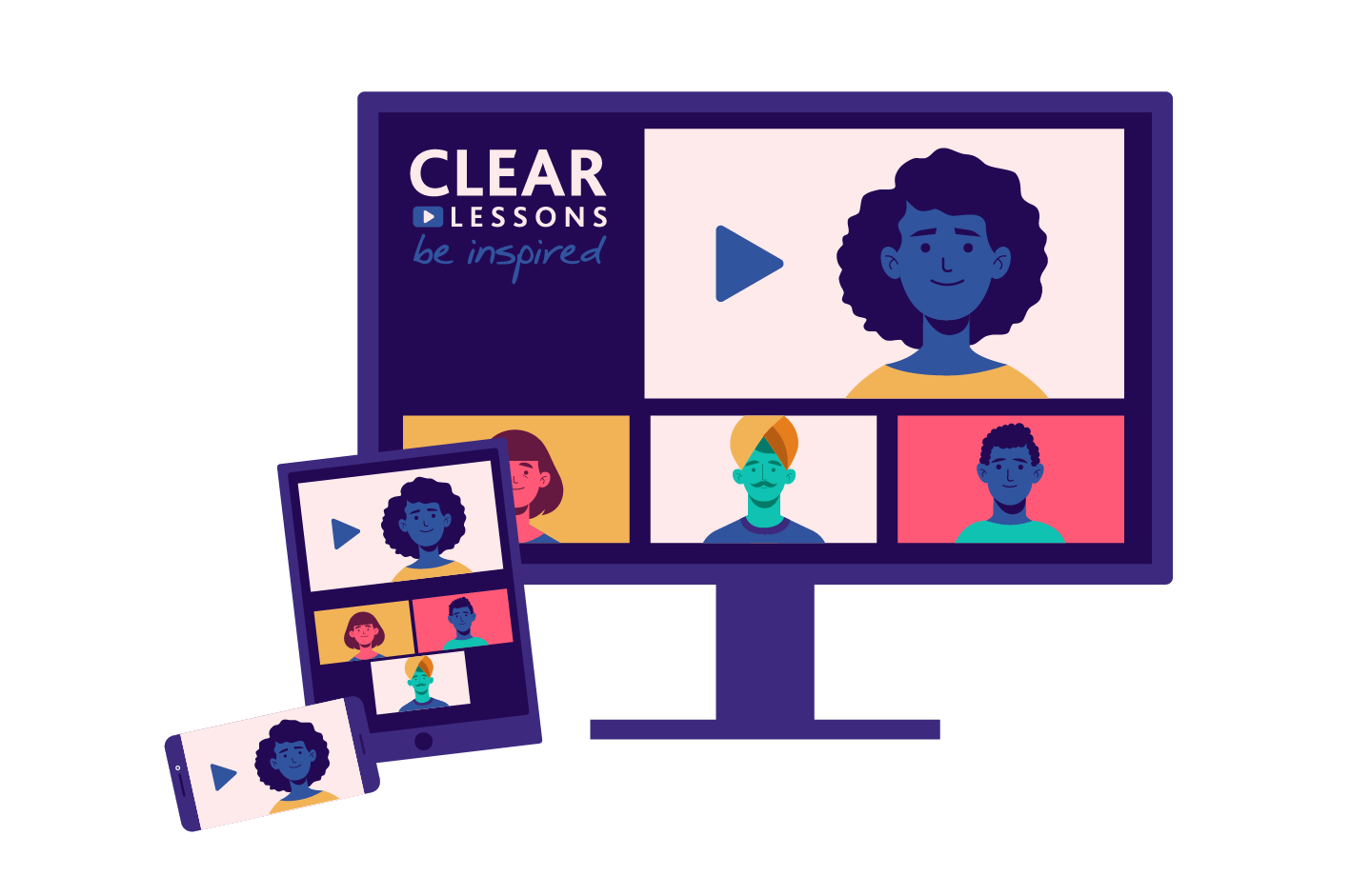 Desktop, tablet and mobile screens displaying Clear Lessons videos